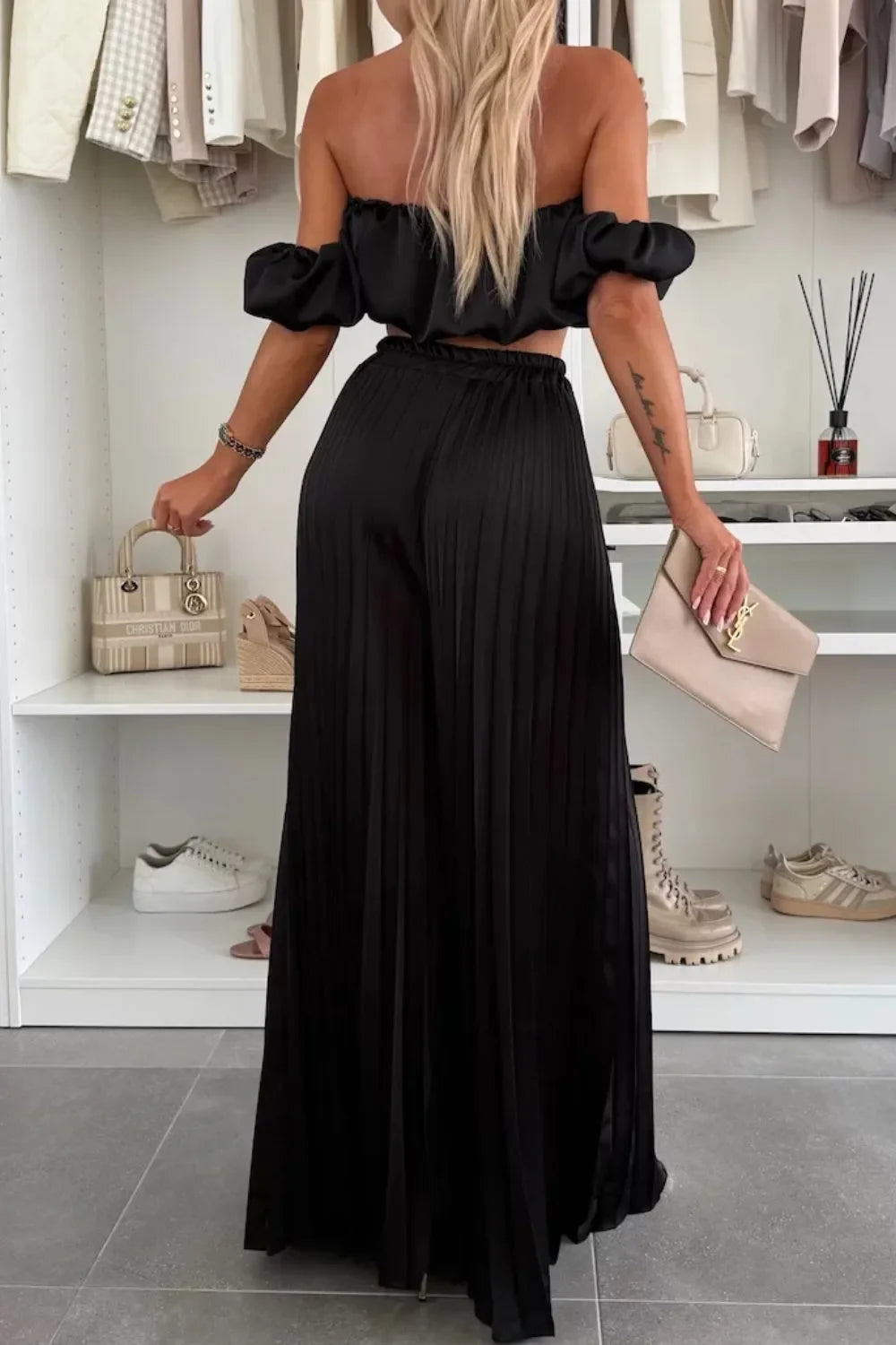 Off-Shoulder Top and Pleated Pants Set - Piña Colada