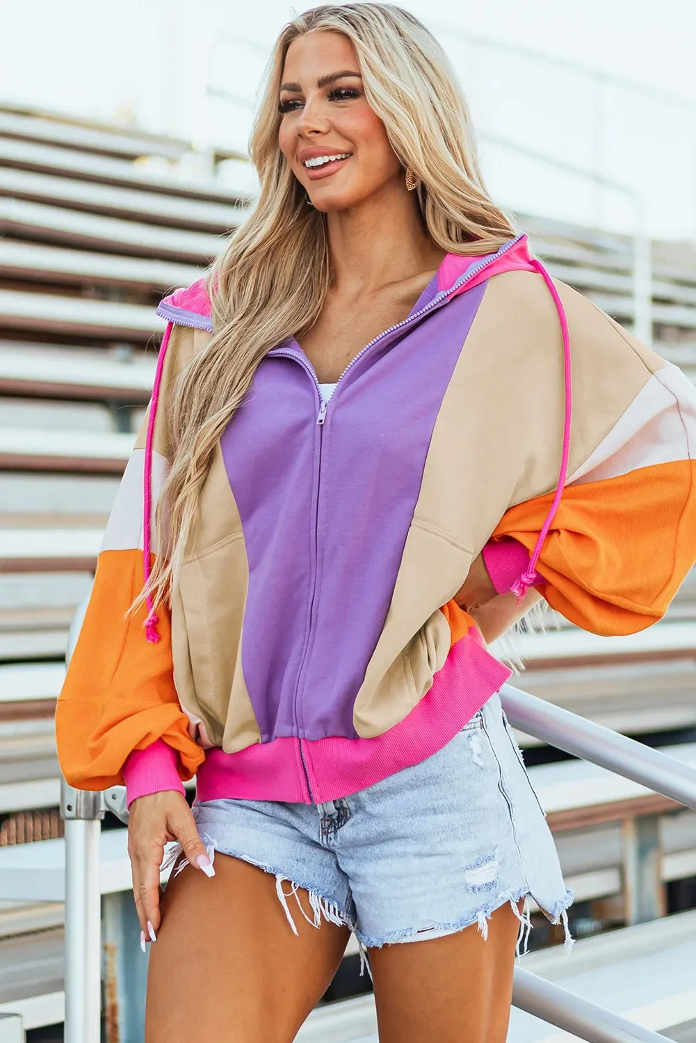 Drawstring Color Block Zip Up Long Sleeve Hoodie - Piña Colada