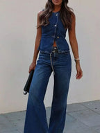 Button Down Vest and Flare Jeans Denim Set - Piña Colada