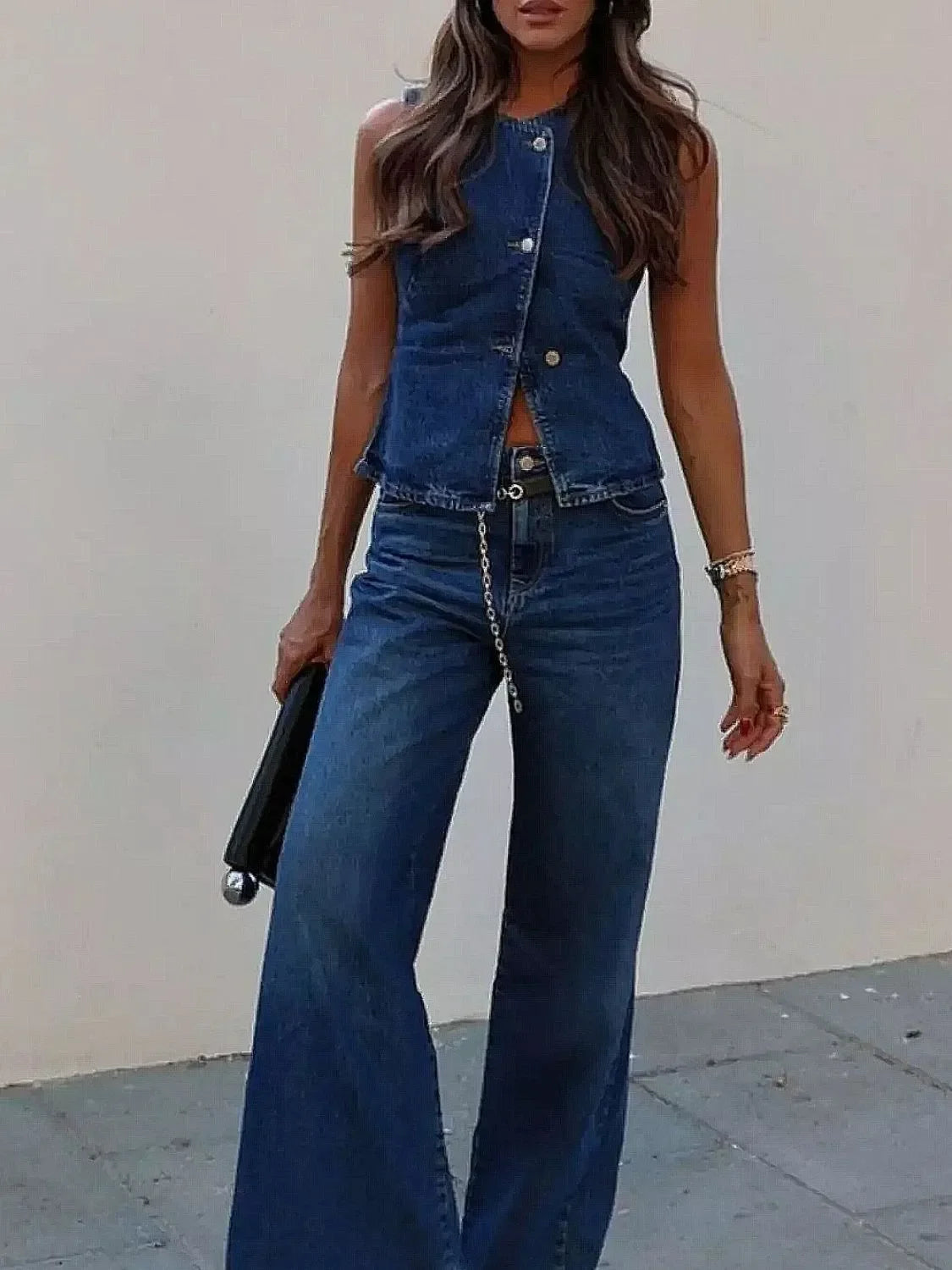 Button Down Vest and Flare Jeans Denim Set - Piña Colada