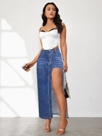High Rise Slit Denim Skirt - Piña Colada
