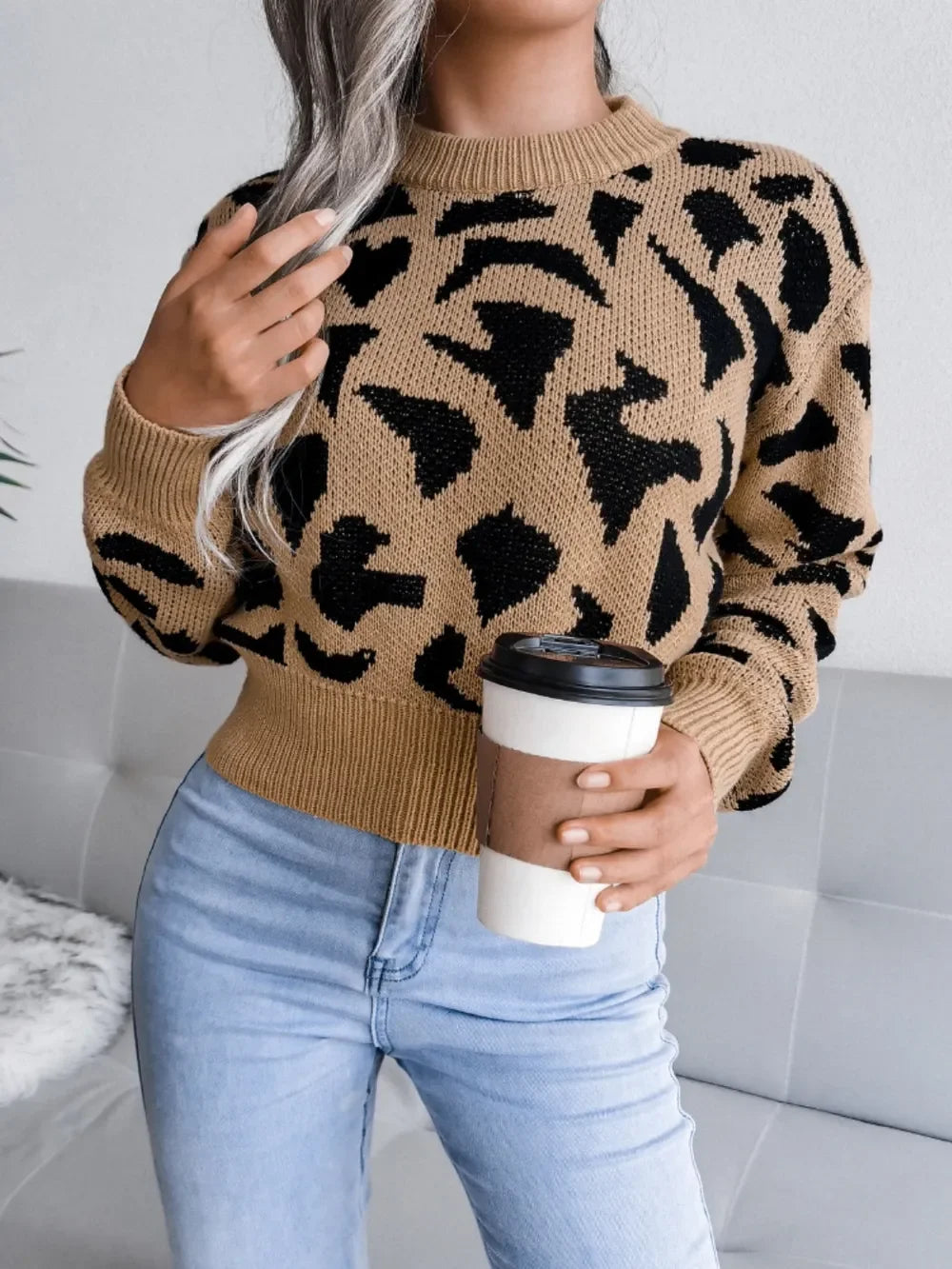 Leopard Round Neck Dropped Shoulder Sweater - Piña Colada