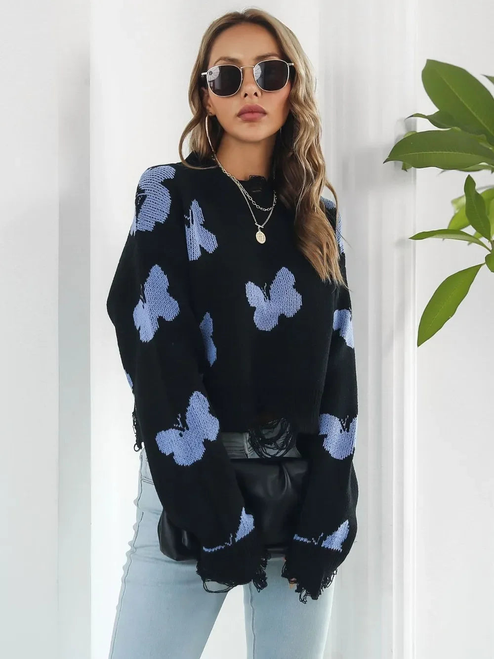 Distressed Butterfly Cropped Sweater - Piña Colada