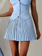Button Up Vest and Pleated Mini Skirt Set - Piña Colada