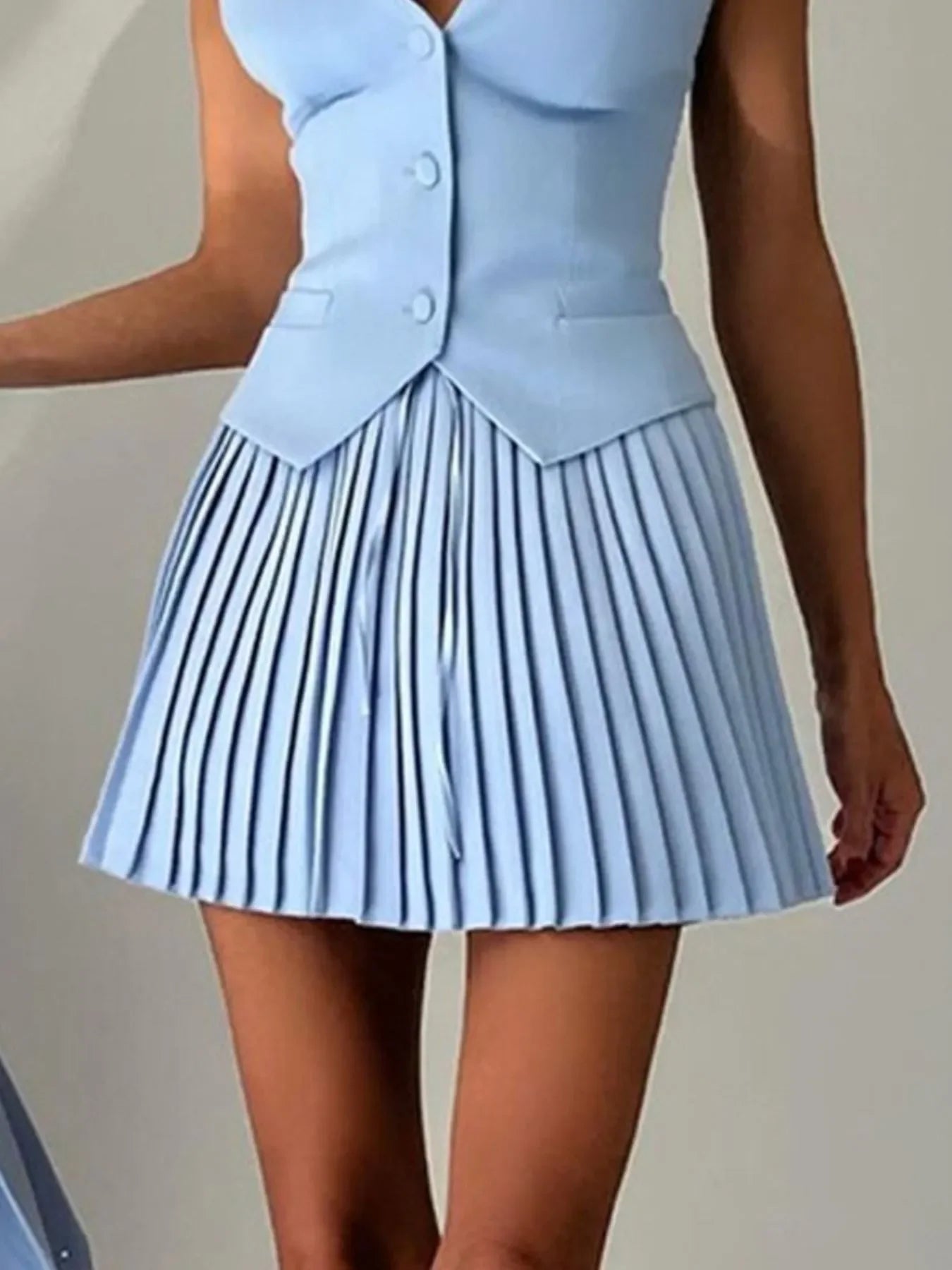 Button Up Vest and Pleated Mini Skirt Set - Piña Colada