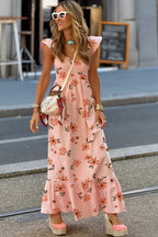 Pink Floral V Neck Smocked High Waist Ruffle Hem Maxi Dress - Piña Colada