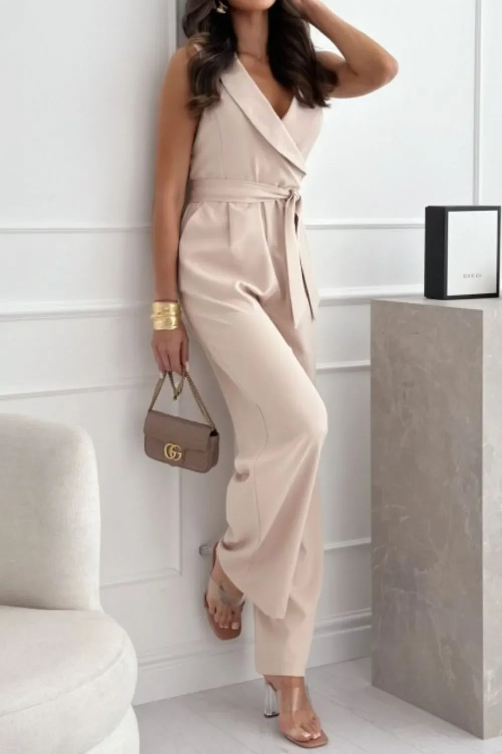 Surplice Sleeveless Wide Leg Jumpsuit - Piña Colada
