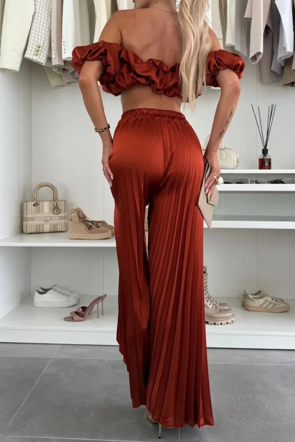 Off-Shoulder Top and Pleated Pants Set - Piña Colada