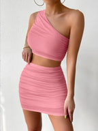 Ruched Single Shoulder Top and Skirt Set - Piña Colada