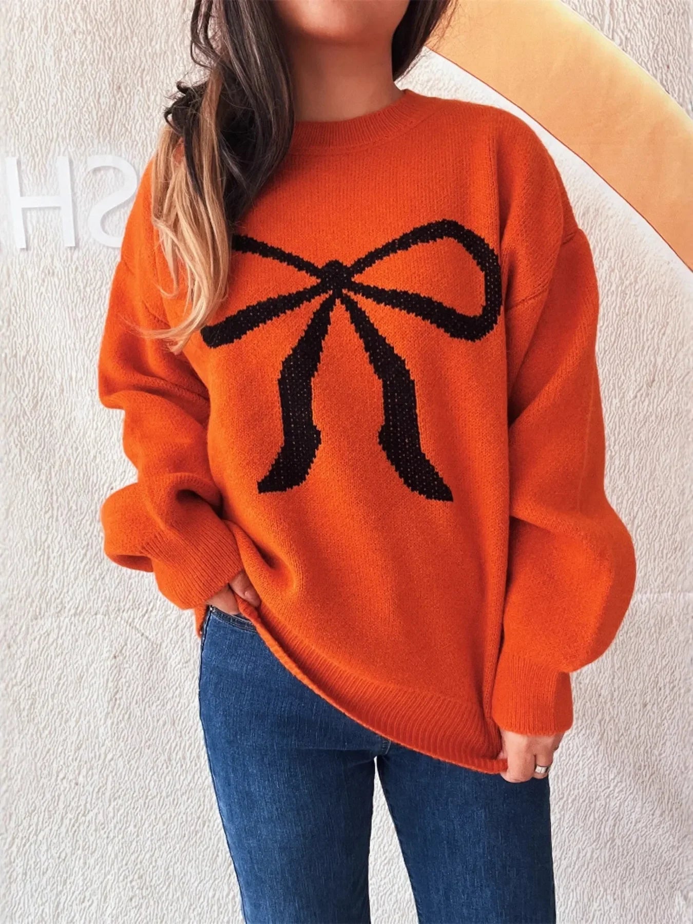 Bow Pattern Casual Long Sleeve Sweater - Piña Colada