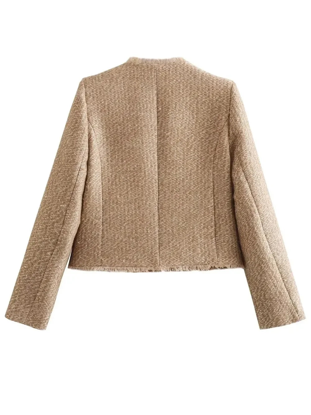 Raw Hem Pocketed Round Neck Jacket - Piña Colada