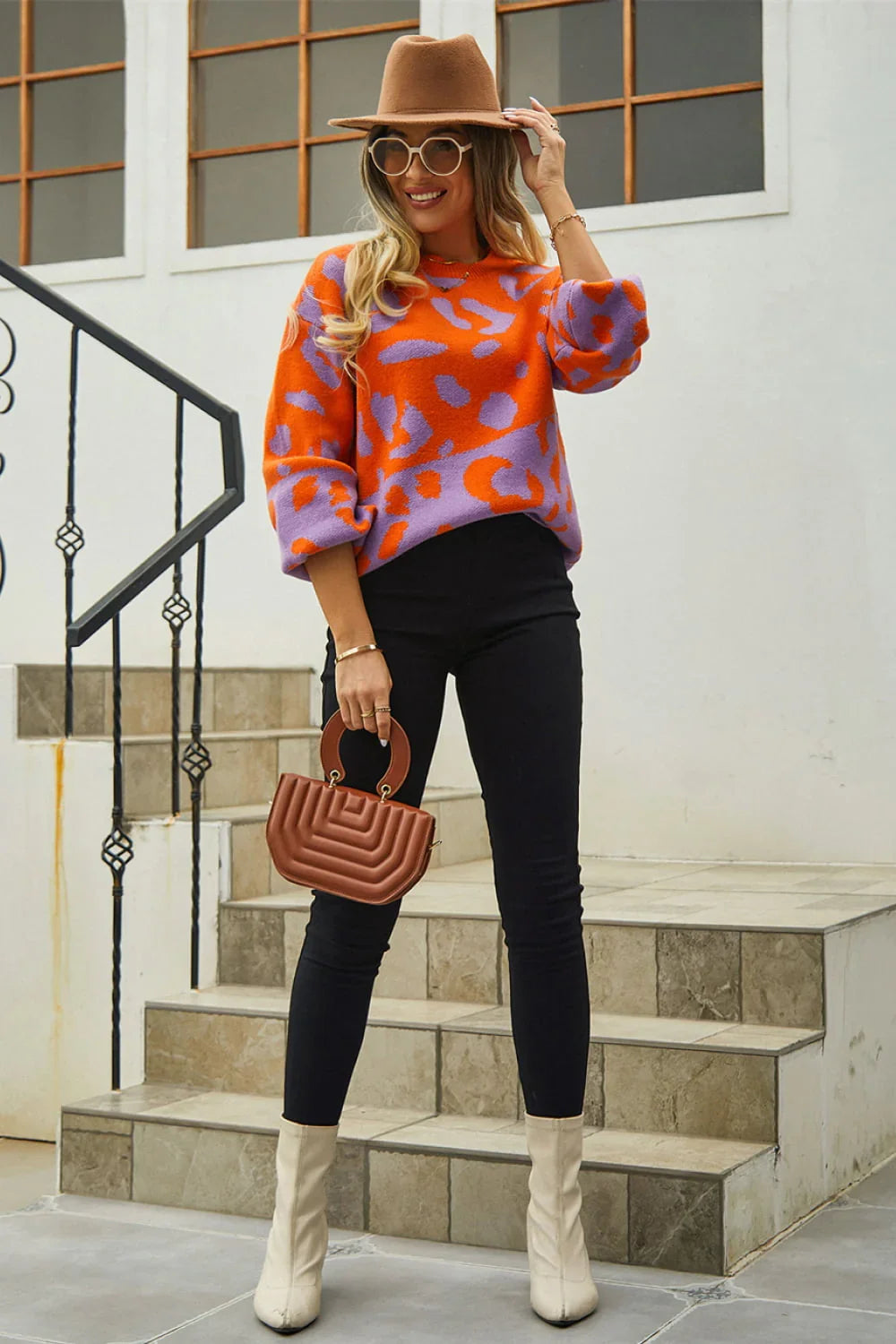 Angel Wings Woven Right Leopard Round Neck Dropped Shoulder Sweater - Piña Colada