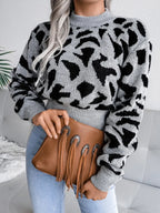 Leopard Round Neck Dropped Shoulder Sweater - Piña Colada