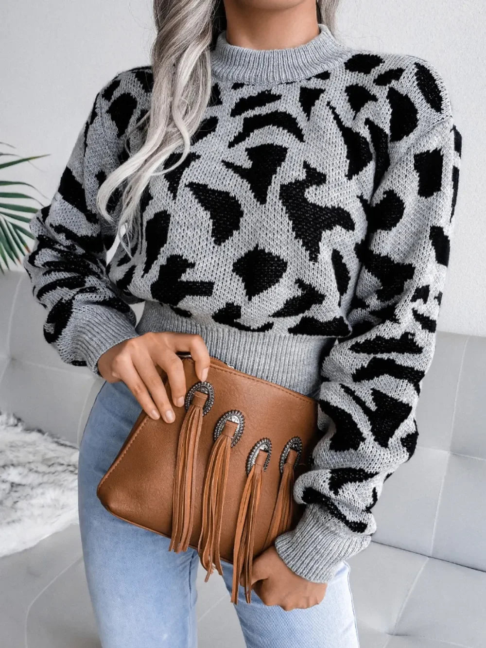 Leopard Round Neck Dropped Shoulder Sweater - Piña Colada