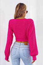 Bow V-Neck Long Sleeve Cropped Sweater - Piña Colada
