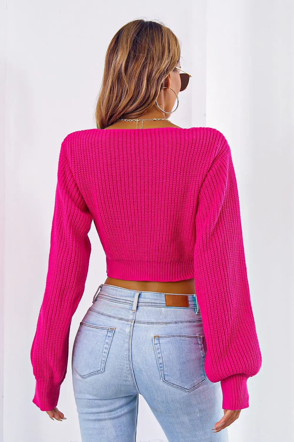 Bow V-Neck Long Sleeve Cropped Sweater - Piña Colada