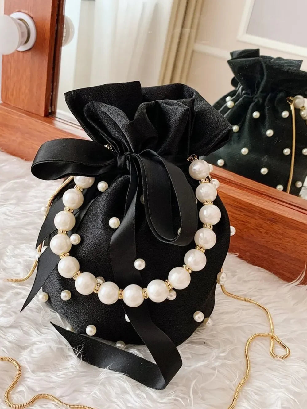 Pearl Detail Solid Color Bucket Bag - Piña Colada