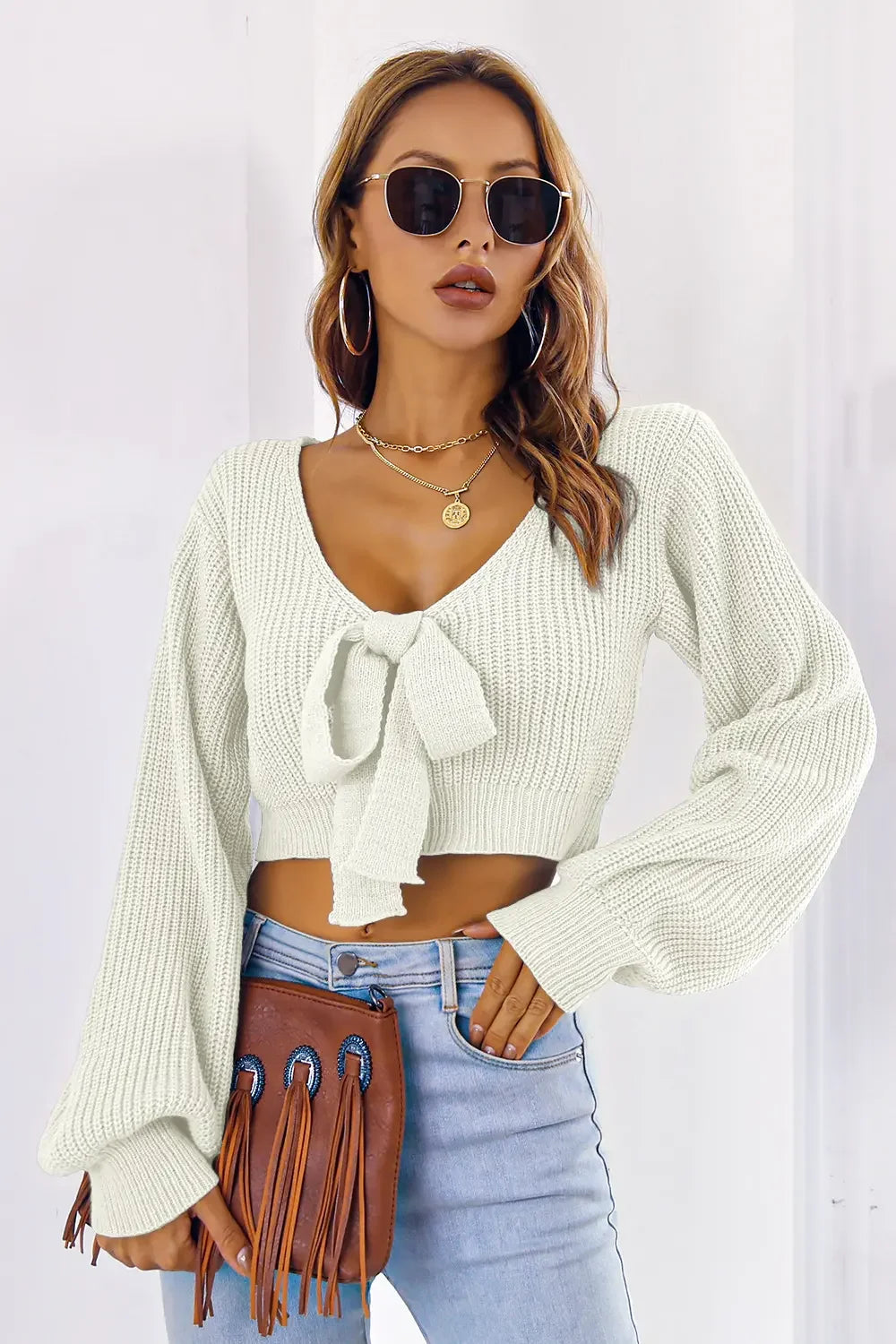 Bow V-Neck Long Sleeve Cropped Sweater - Piña Colada