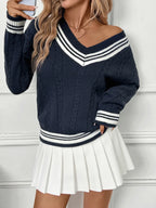 Contrast Striped V-Neck Sweater - Piña Colada