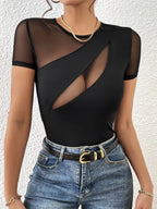 Mesh Patchwork Round Neck Short Sleeve Top - Piña Colada