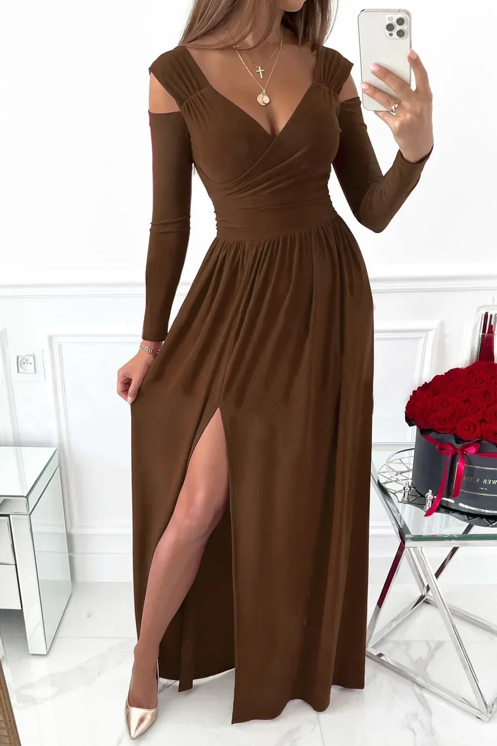 Slit Surplice Long Sleeve Maxi Dress - Piña Colada
