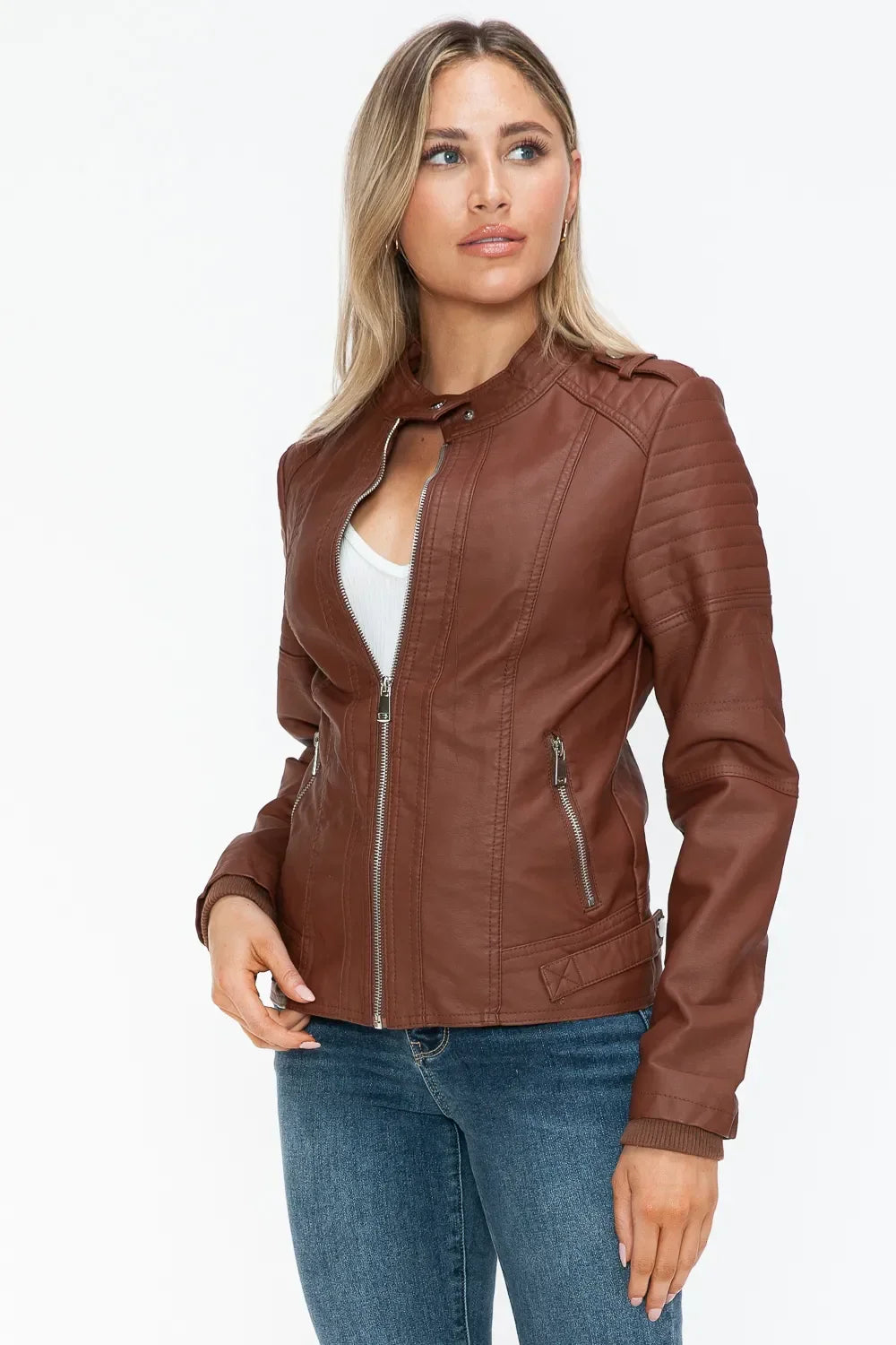 Snobbish PU Leather Biker Jacket with Side Zip Pockets - Piña Colada