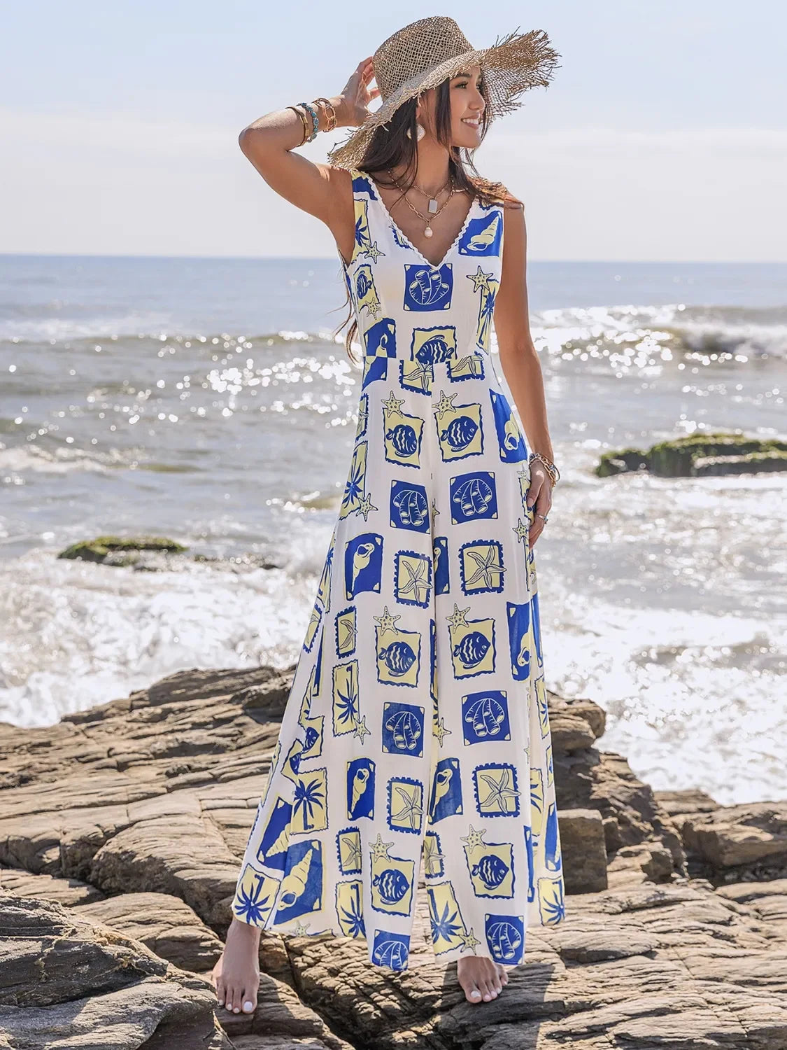 Printed V-Neck Wide Leg Jumpsuit - Piña Colada