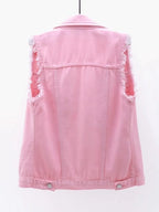 Full Size Button Down Raw Hem Sleeveless Denim Jacket Plus Size - Piña Colada