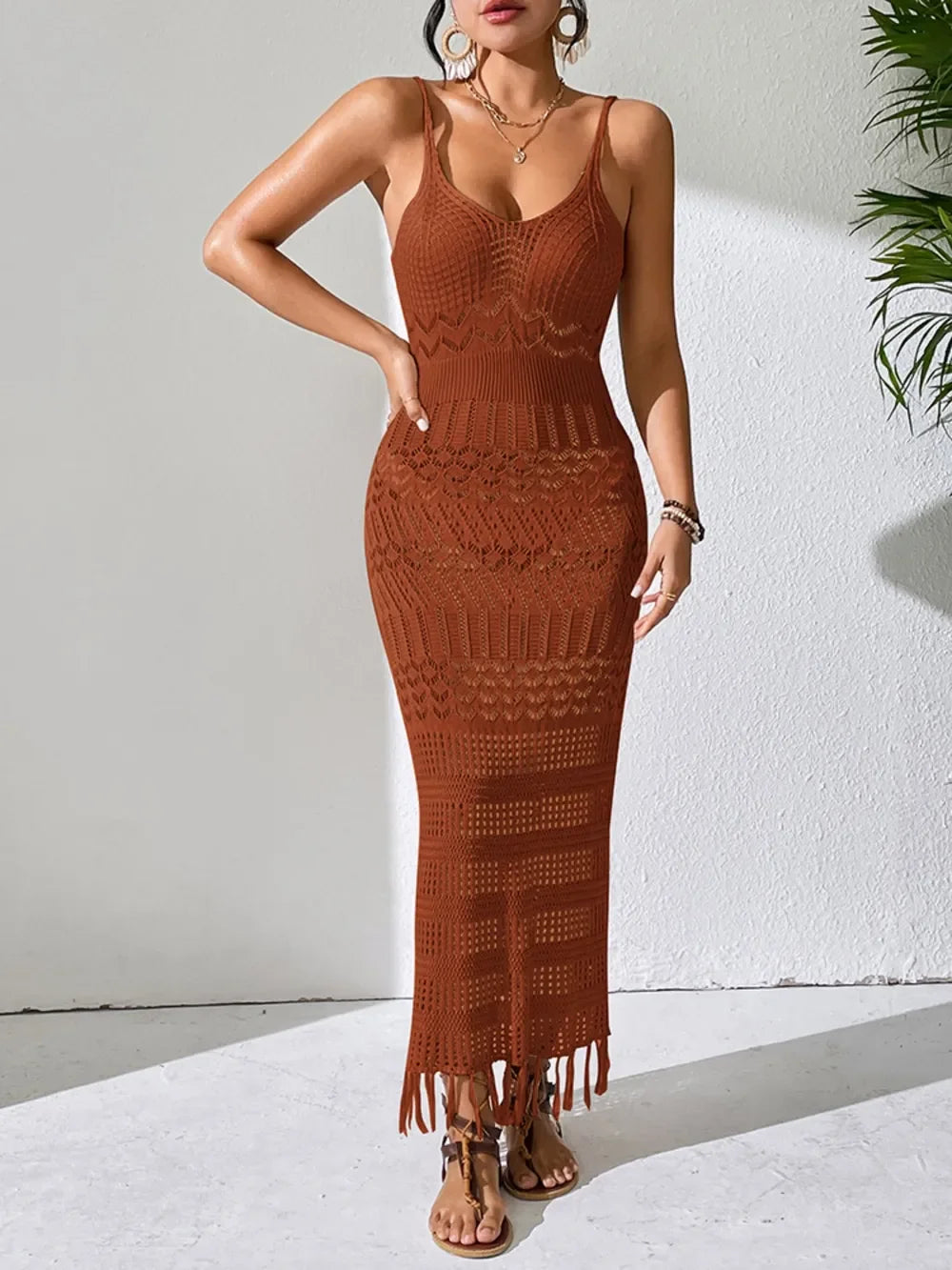 Openwork Scoop Neck Cover-Up Dress - Piña Colada