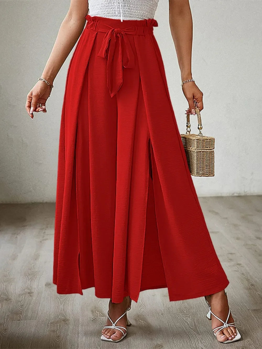 Tied Slit Wide Leg Pants - Piña Colada