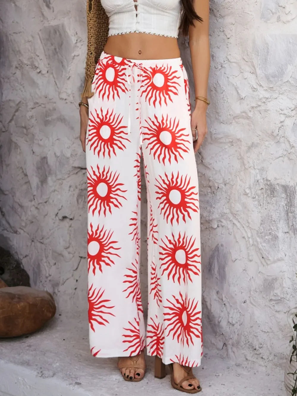 Devine Drawstring Printed Wide Leg Pants - Piña Colada