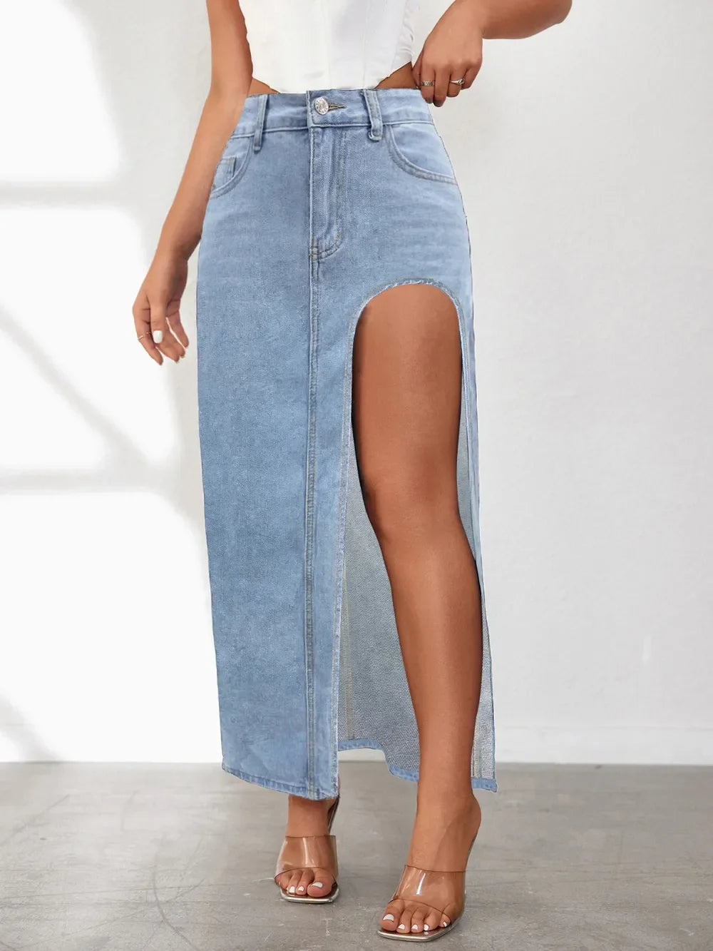 High Rise Slit Denim Skirt - Piña Colada