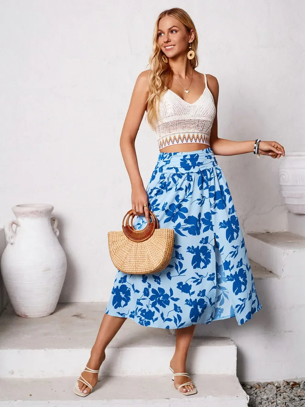 Slit Printed Midi Skirt - Piña Colada