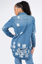 American Bazi Distressed Button Down Denim Shirt Jacket - Piña Colada