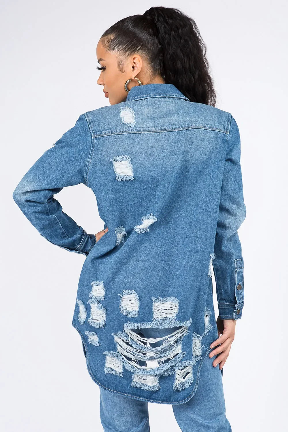 American Bazi Distressed Button Down Denim Shirt Jacket - Piña Colada