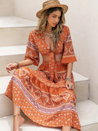 Printed Plunge Half Sleeve Top and Skirt Set - Piña Colada