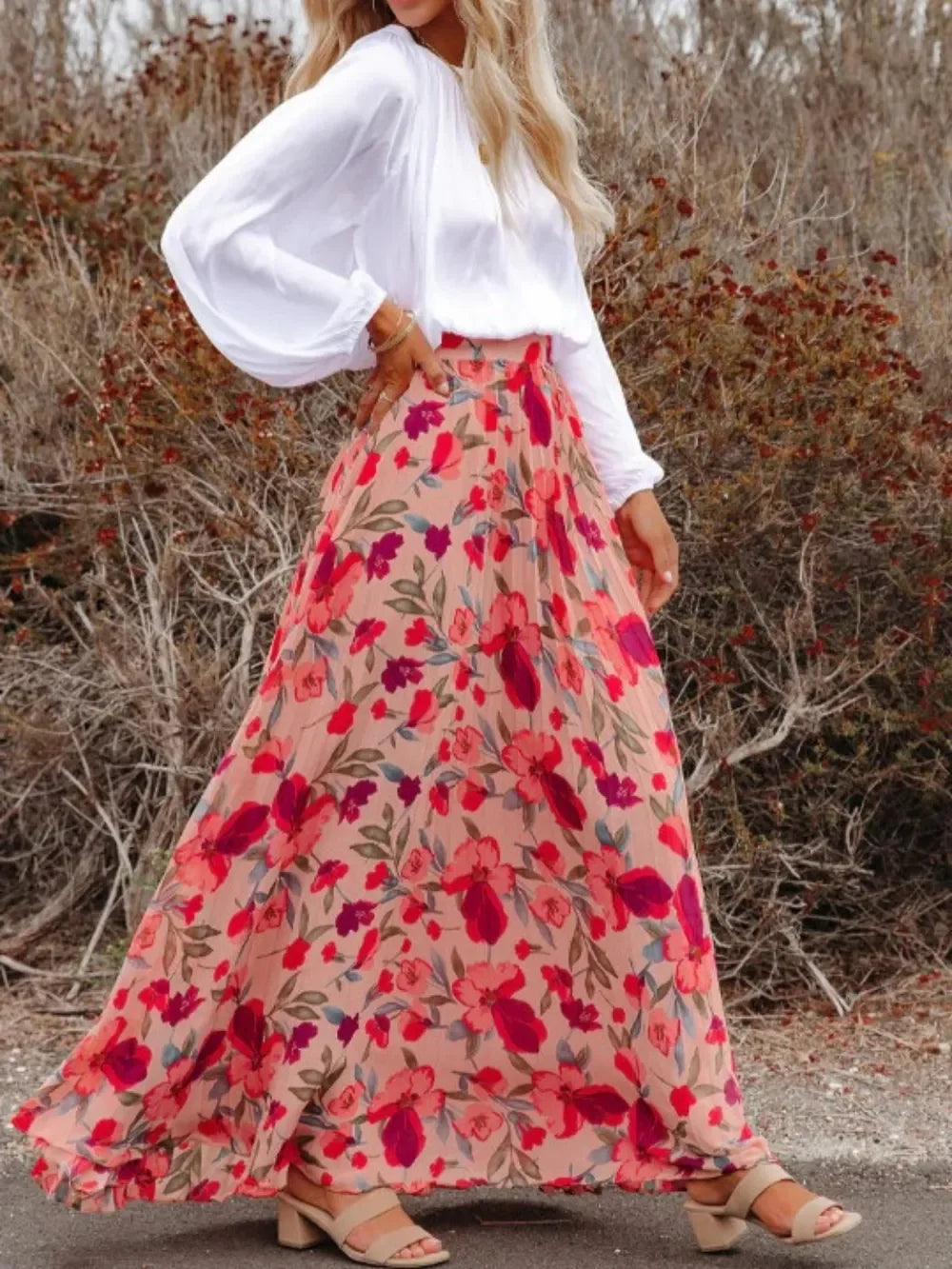 Printed Elastic Waist Pleated Maxi Skirt - Piña Colada