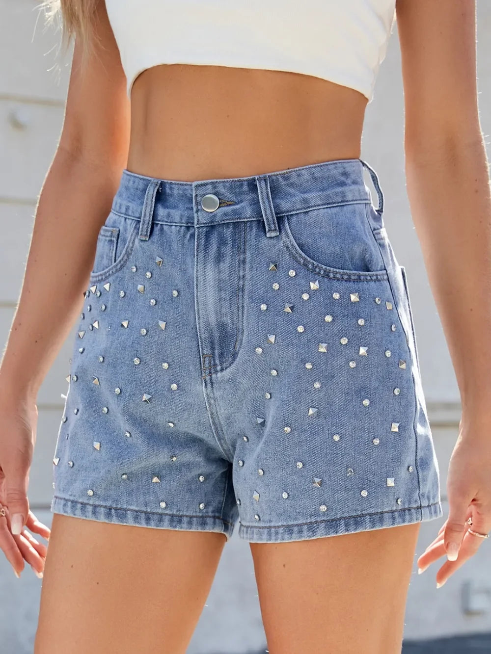 Rhinestone Washed High Waist Denim Shorts - Piña Colada