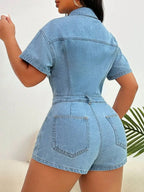 Collared Neck Short Sleeve Denim Romper - Piña Colada