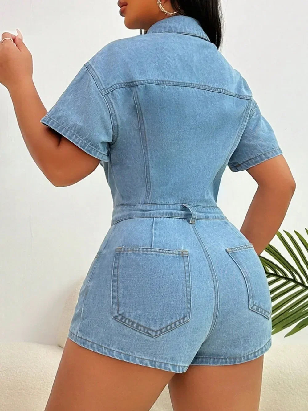 Collared Neck Short Sleeve Denim Romper - Piña Colada