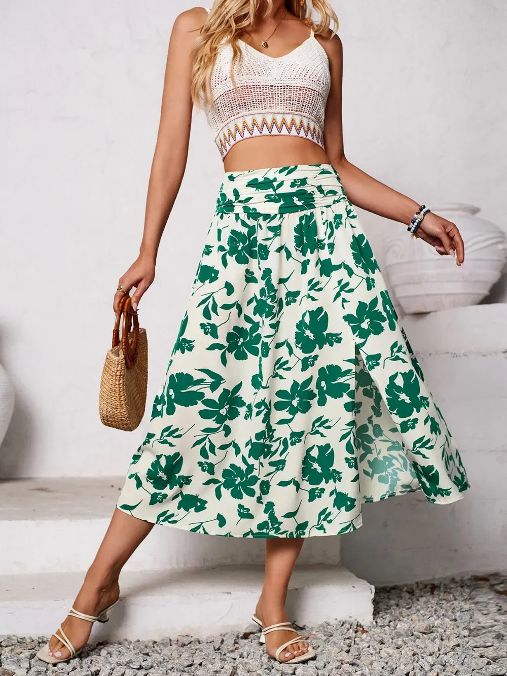 Slit Printed Midi Skirt - Piña Colada