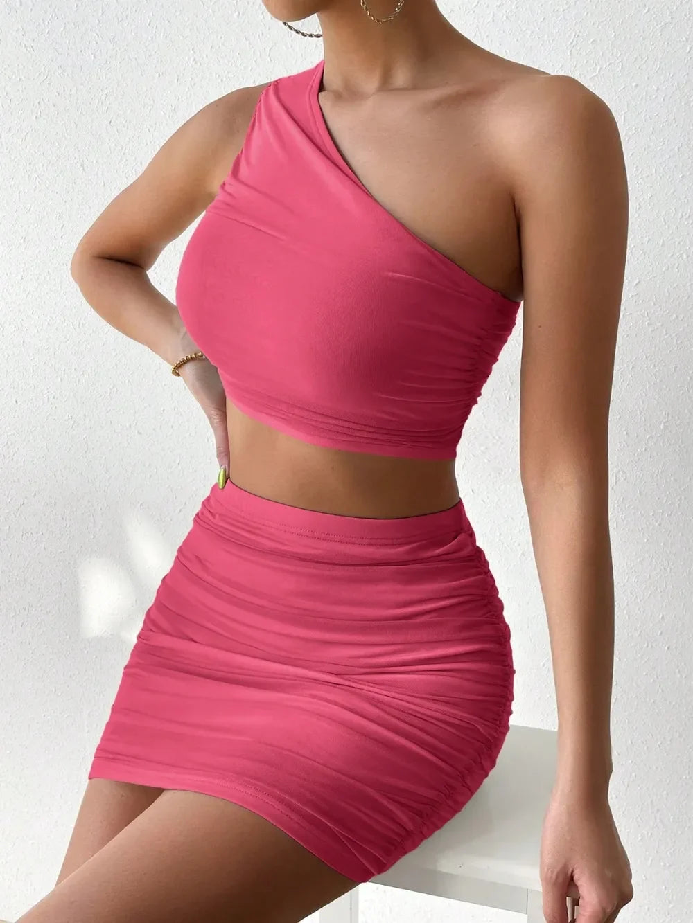 Ruched Single Shoulder Top and Skirt Set - Piña Colada