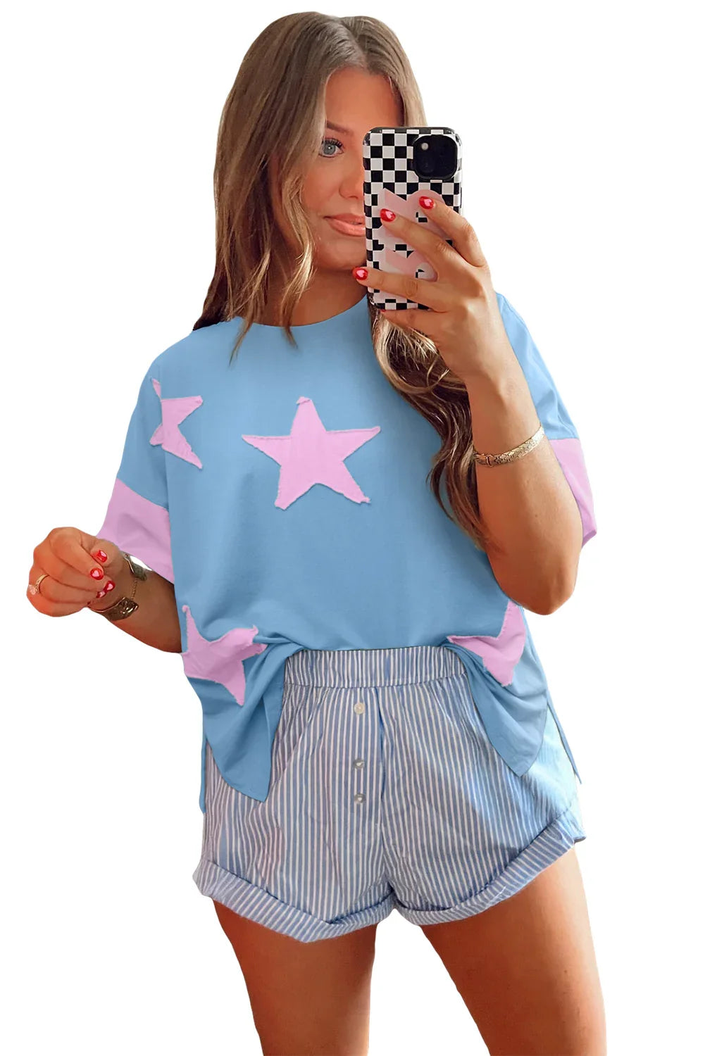 Oversized Star Patch T-Shirt – Raw Hem Split Design for Women - Piña Colada