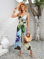 Cutout Printed Wide Strap Jumpsuit - Piña Colada