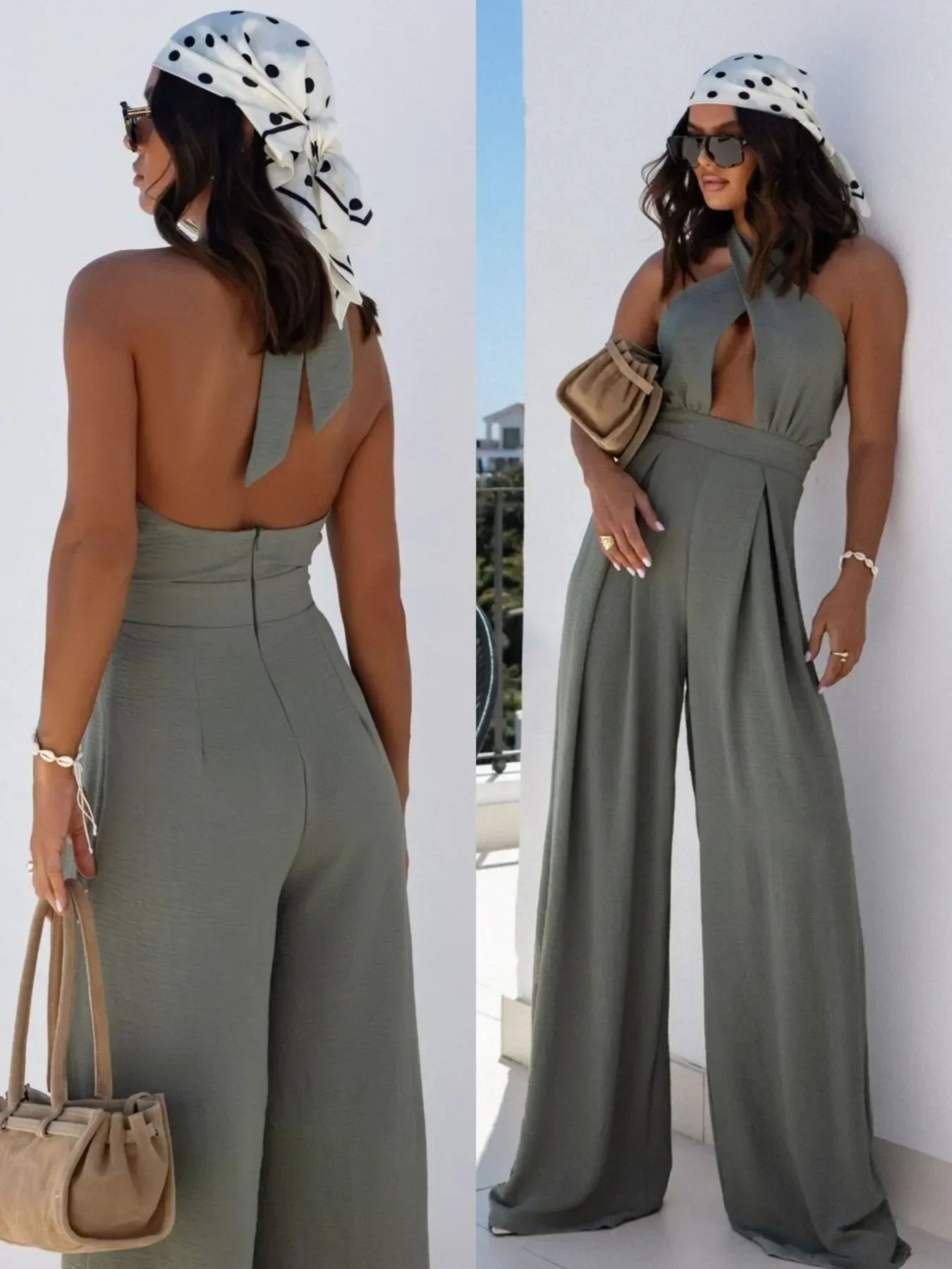 Wide Leg Cutout Halter Neck Jumpsuit - Piña Colada