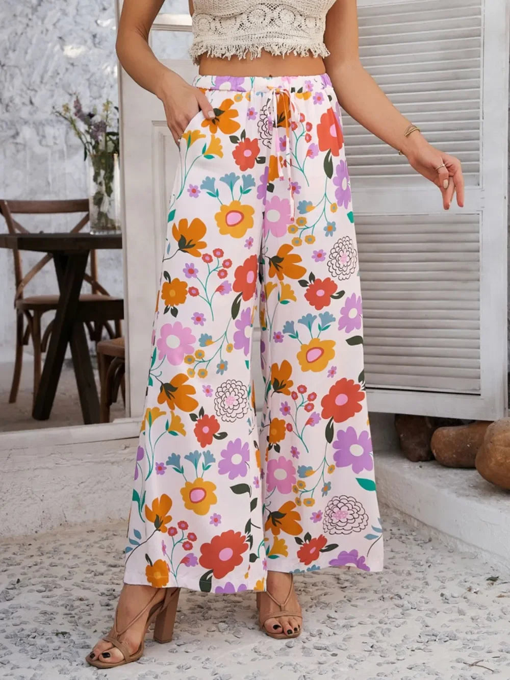 Devine Drawstring Printed Wide Leg Pants - Piña Colada