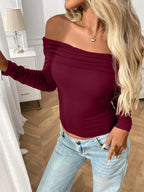 Off-Shoulder Long Sleeve Fitted T-Shirt - Piña Colada