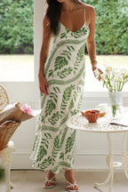 Leaf Print Slit V-Neck Midi Cami Dress - Piña Colada