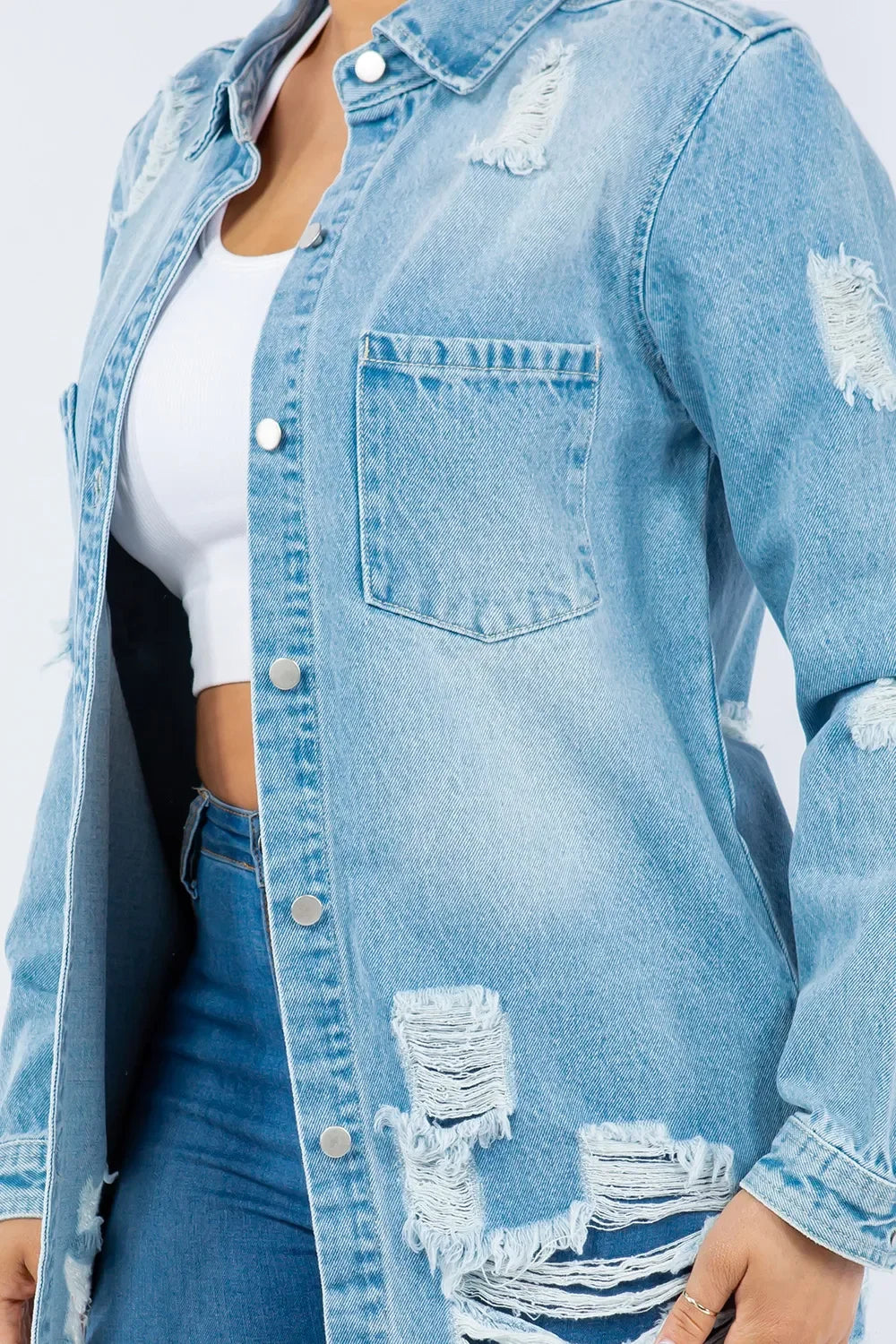American Bazi Distressed Button Up Long Sleeve Denim Jacket - Piña Colada