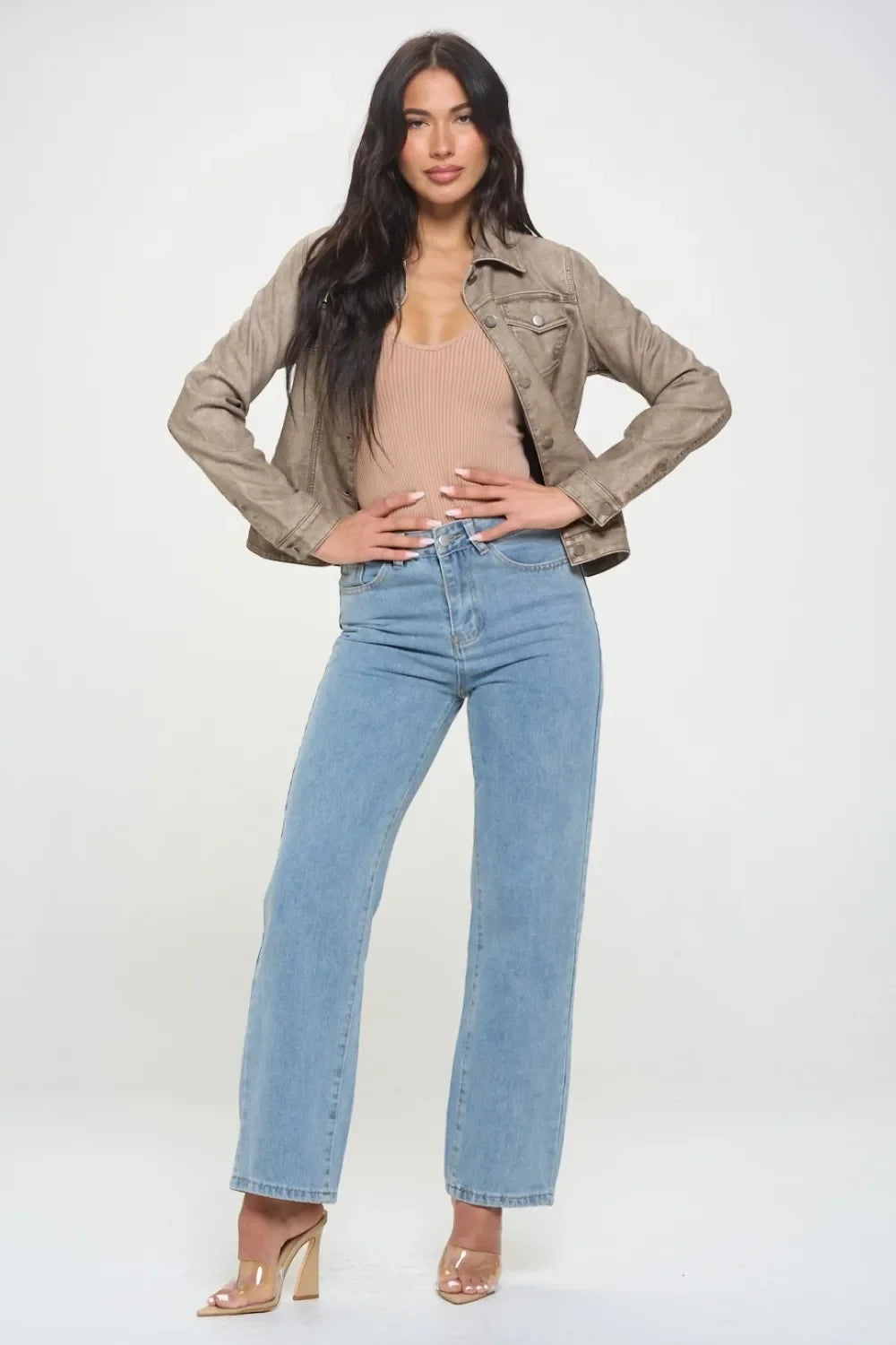 Coalition LA Button Down Cargo Vegan Leather Shacket - Piña Colada